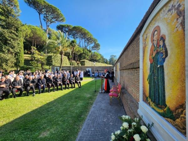 Cardinal Lazzaro You Heung-sik, prefect of the Dicastery for the Clergy of the Holy See, speaks during a blessing ceremony for unveiling the 'Korean Virgin Mary of Peace' mosaic at the Vatican Gardens on Sept. 20, 2024. (Yonhap)