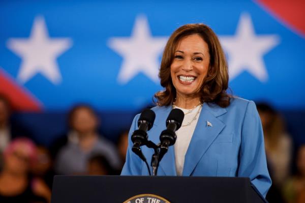 U.S. Vice President Kamala Harris speaking at an event at the Hendrick Center for Automotive Excellence in Raleigh, North Carolina, August 2024