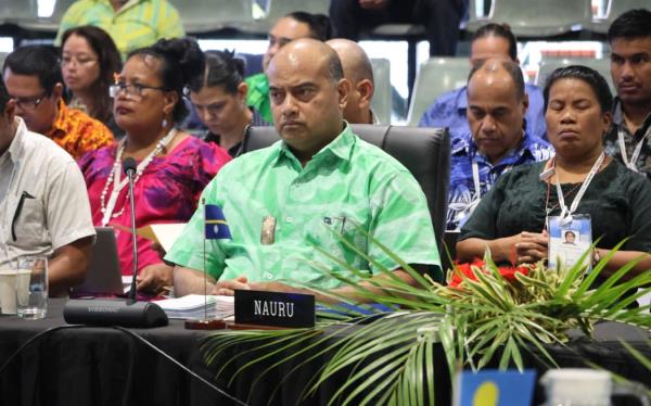 Nauru President David Adeang, left, at the 52nd Pacific Islands Forum Leaders Meeting in Rarotonga.